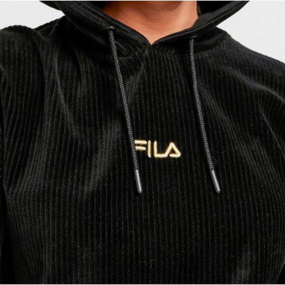Fila Womens Y2K 00s Hoodie Velvet Ribbed Gold Embroidery Pull Over Black - Picture 2 of 14